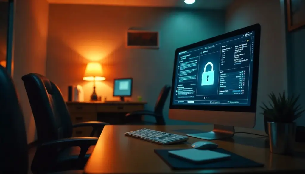 Imagem que representa a segurança da LGPD na Saúde, com um computador de mesa exibindo um cadeado de segurança digital, ressaltando a proteção de dados sensíveis em ambientes de saúde.