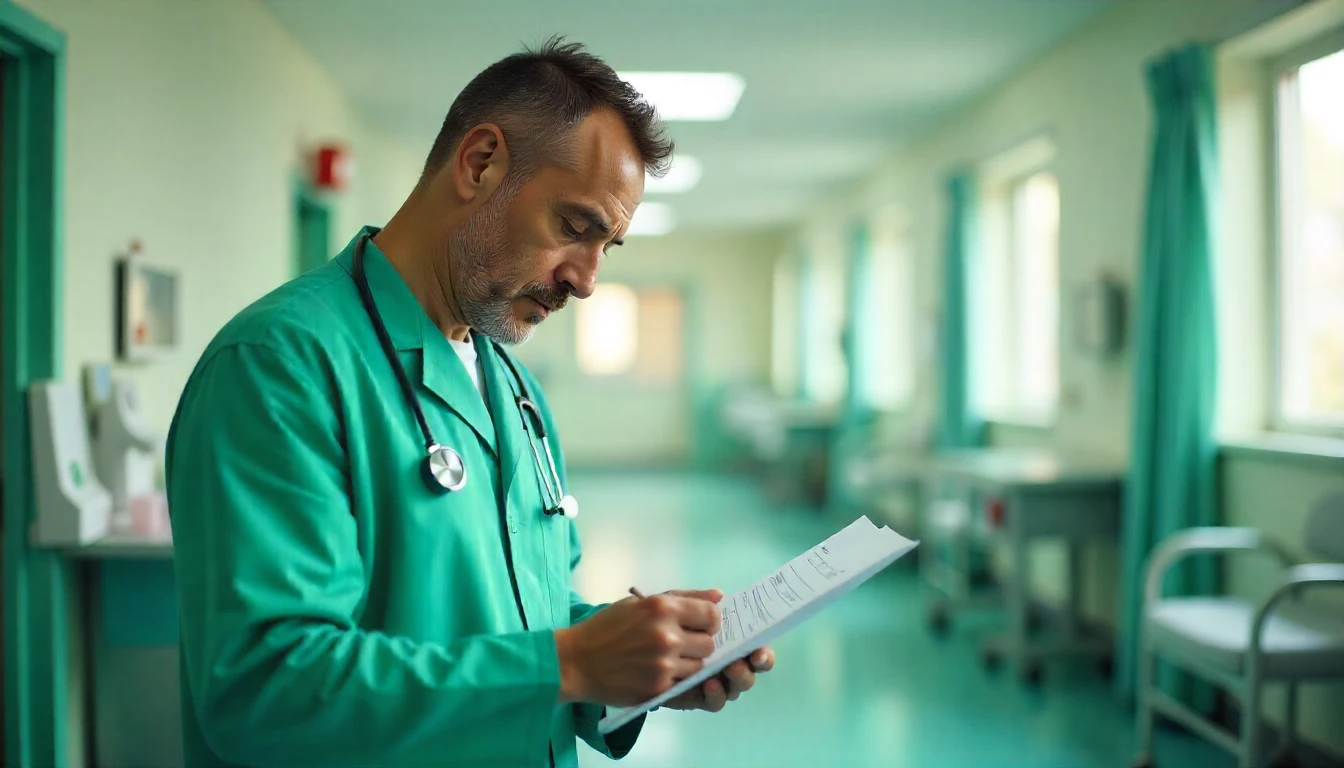 Médico analisando um papel no hospital, relacionado ao câncer de pulmão, CID C34, diagnóstico de câncer de pulmão em ambiente hospitalar.
