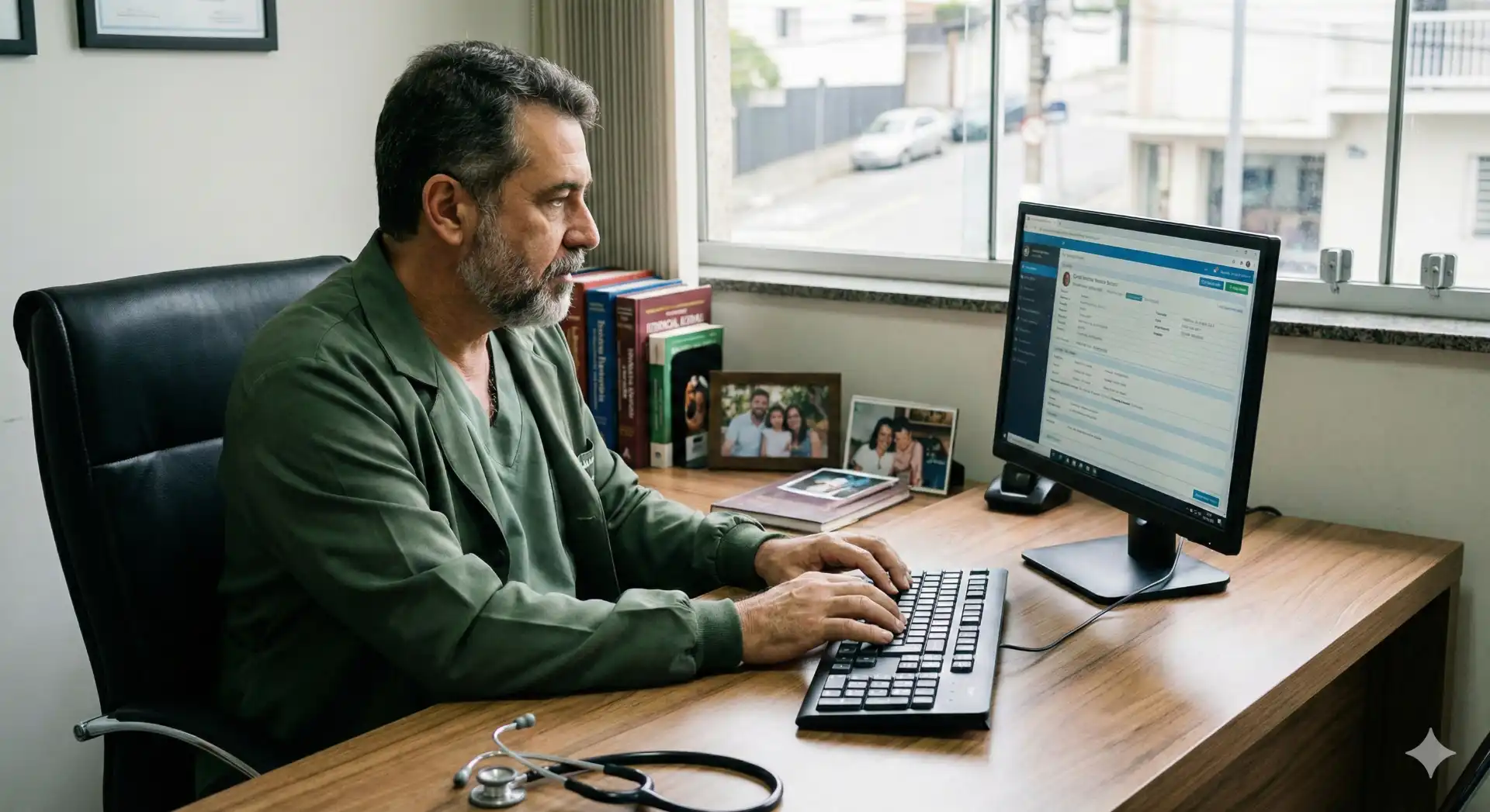 Médico analisando informações no computador em escritório, com livros e fotos ao fundo, relacionado ao CID-10: guia definitivo para médicos e gestores de clínicas.