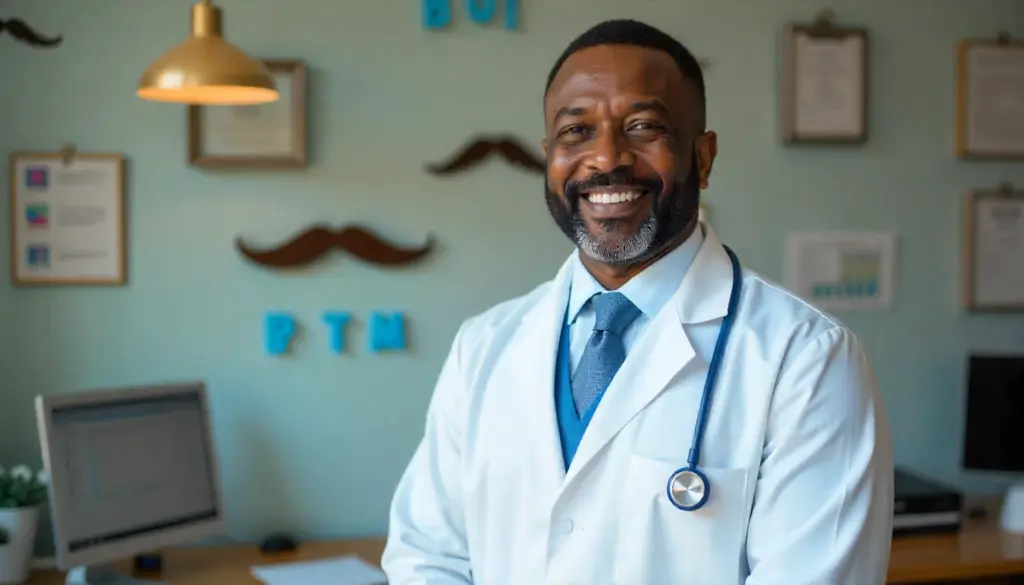Médico sorridente em consultório promovendo a conscientização sobre o Novembro Azul, campanha de prevenção ao câncer de próstata e saúde masculina.