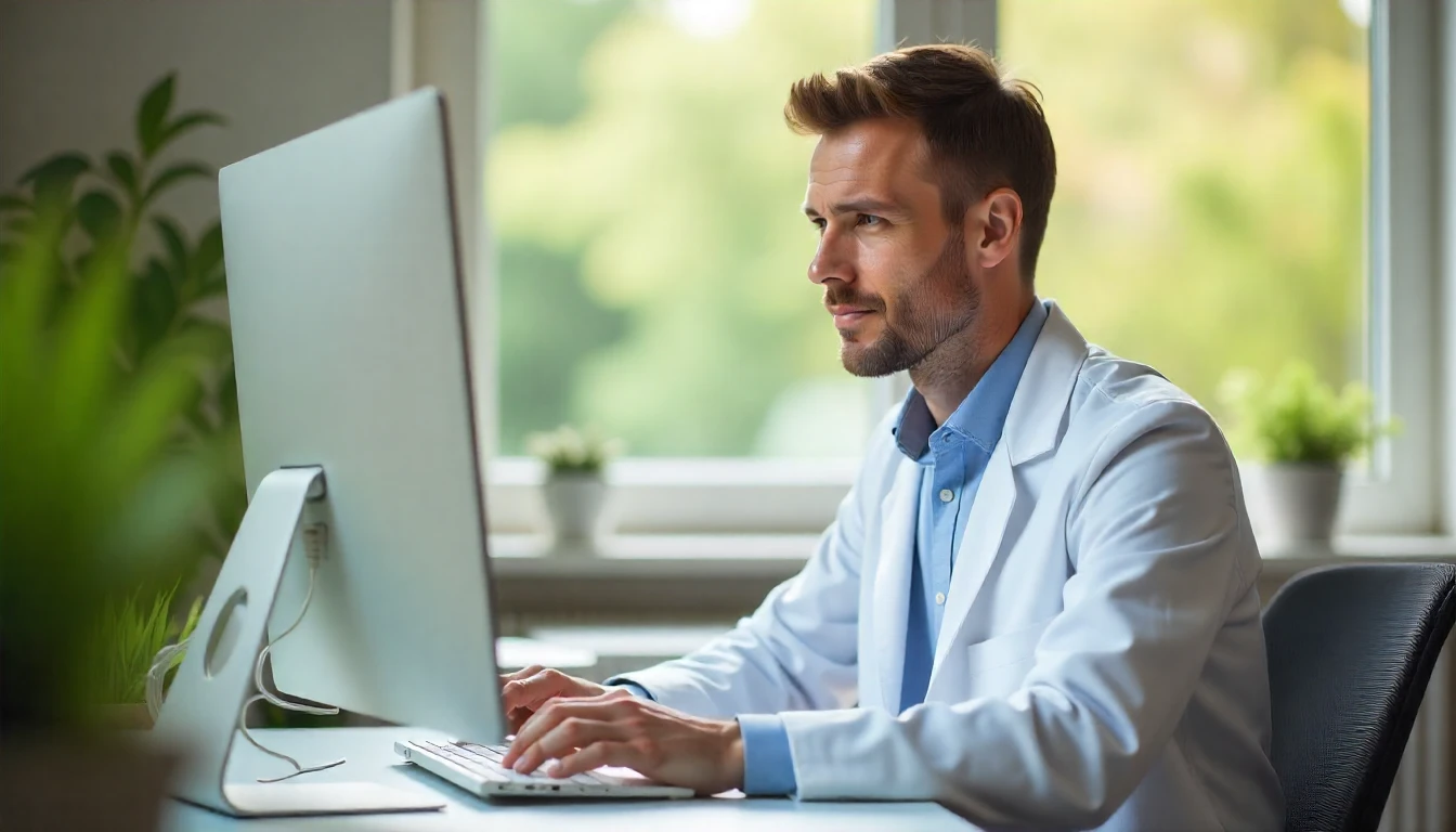 Médico profissional acompanhando a consulta pública da ANS sobre novos tratamentos para obesidade e câncer de pulmão, em ambiente clínico.