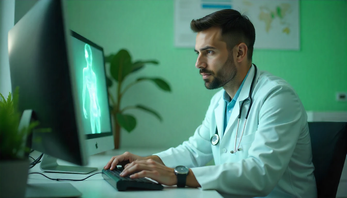 Médico analisando um exame de imagem em um computador, relacionado ao CID H66, que trata de condições de ouvido, possivelmente otite ou infecção auricular.