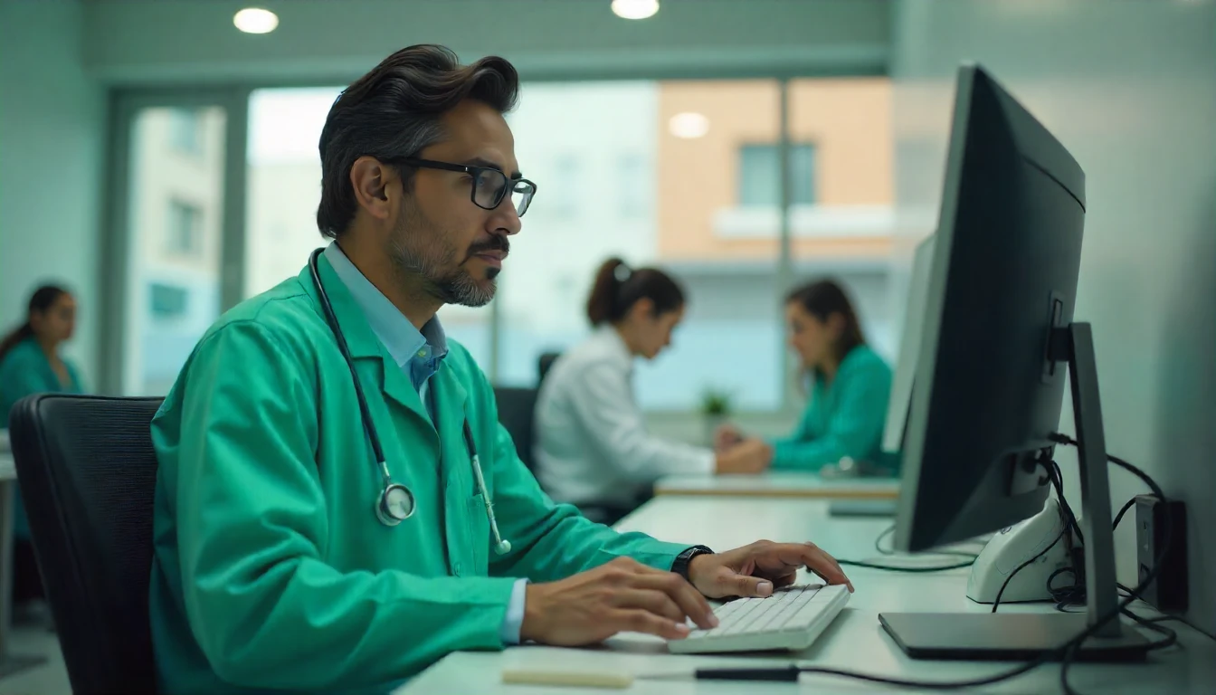 Médico de jaleco verde analisando informações em computador durante consulta, representando profissionais da saúde relacionados ao CID S62.