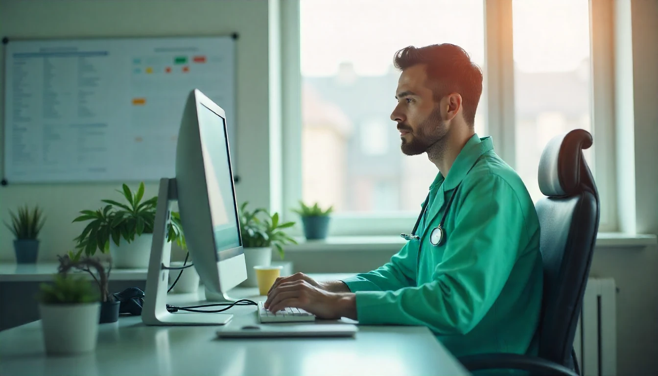Médico em ambiente de trabalho moderno analisando informações no computador, com foco na região lombar e coluna vertebral, relacionado ao CID N39.