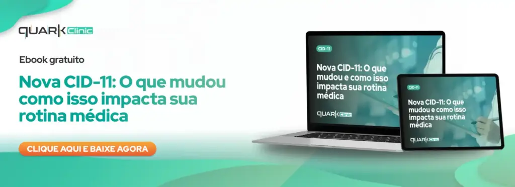 Ebook gratuito sobre a Nova CID-11 e seu impacto na rotina médica, disponível para download no site Quark Clinic com imagens de laptop e tablet.