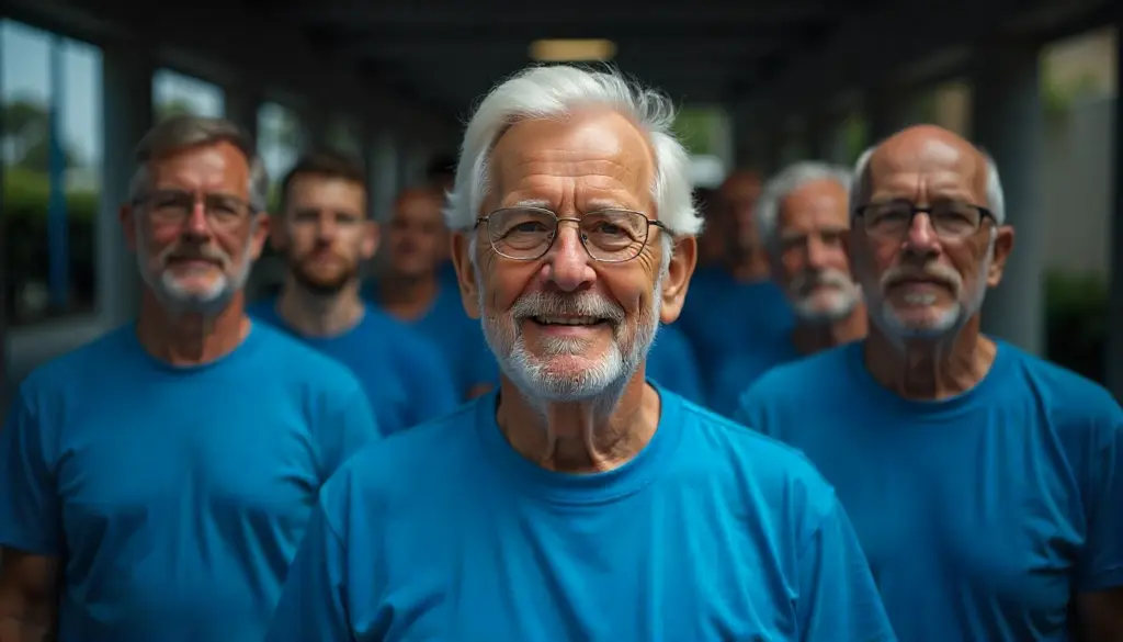 Grupo de homens idosos com camisetas azuis participando de campanha de conscientização do Novembro Azul para a saúde do homem