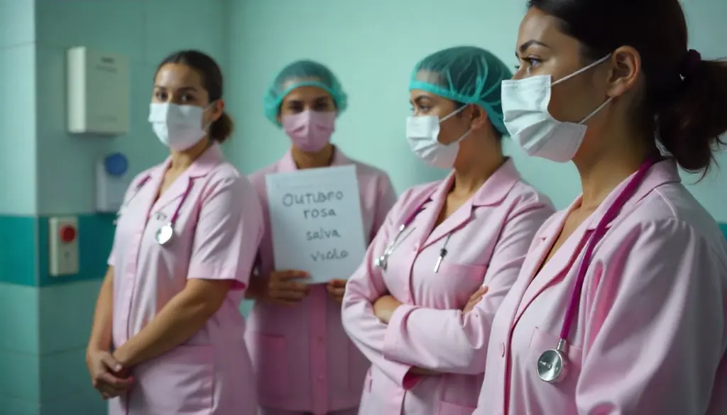 Grupo de profissionais de saúde em um hospital participando da campanha Outubro Rosa, vestindo jalecos rosas e máscara, promovendo a conscientização sobre o câncer de mama.