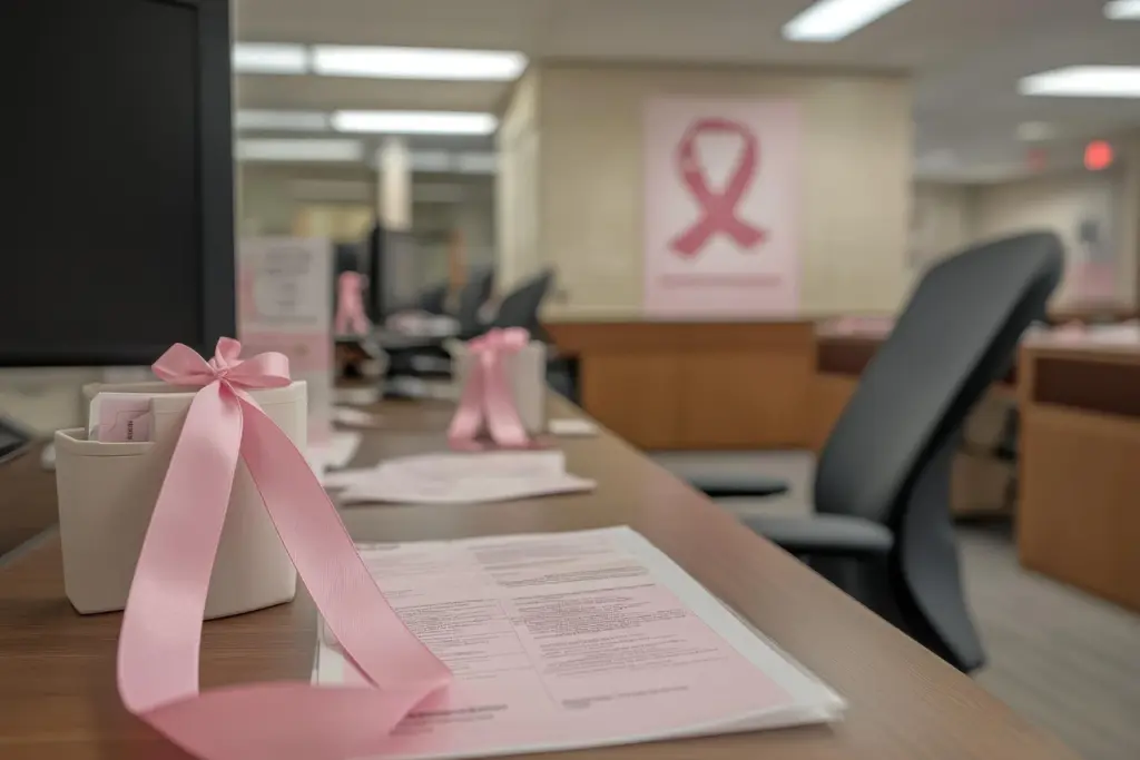 Espaço de trabalho com Laços Rosa para a campanha Outubro Rosa, símbolo de conscientização sobre o câncer de mama, em ambiente corporativo.