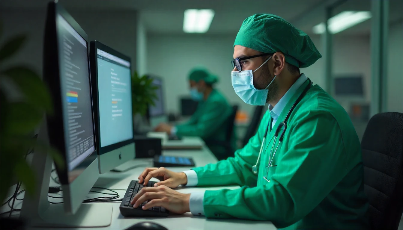 Imagem de profissionais de saúde em um centro de controle, monitorando informações médicas no computador, relacionado ao CID S09.