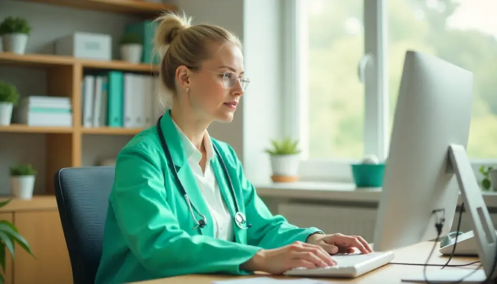 Profissional de saúde computador analysis para CID B20, especialista em doenças infecciosas, consultando informações clínicas em ambiente de escritório.