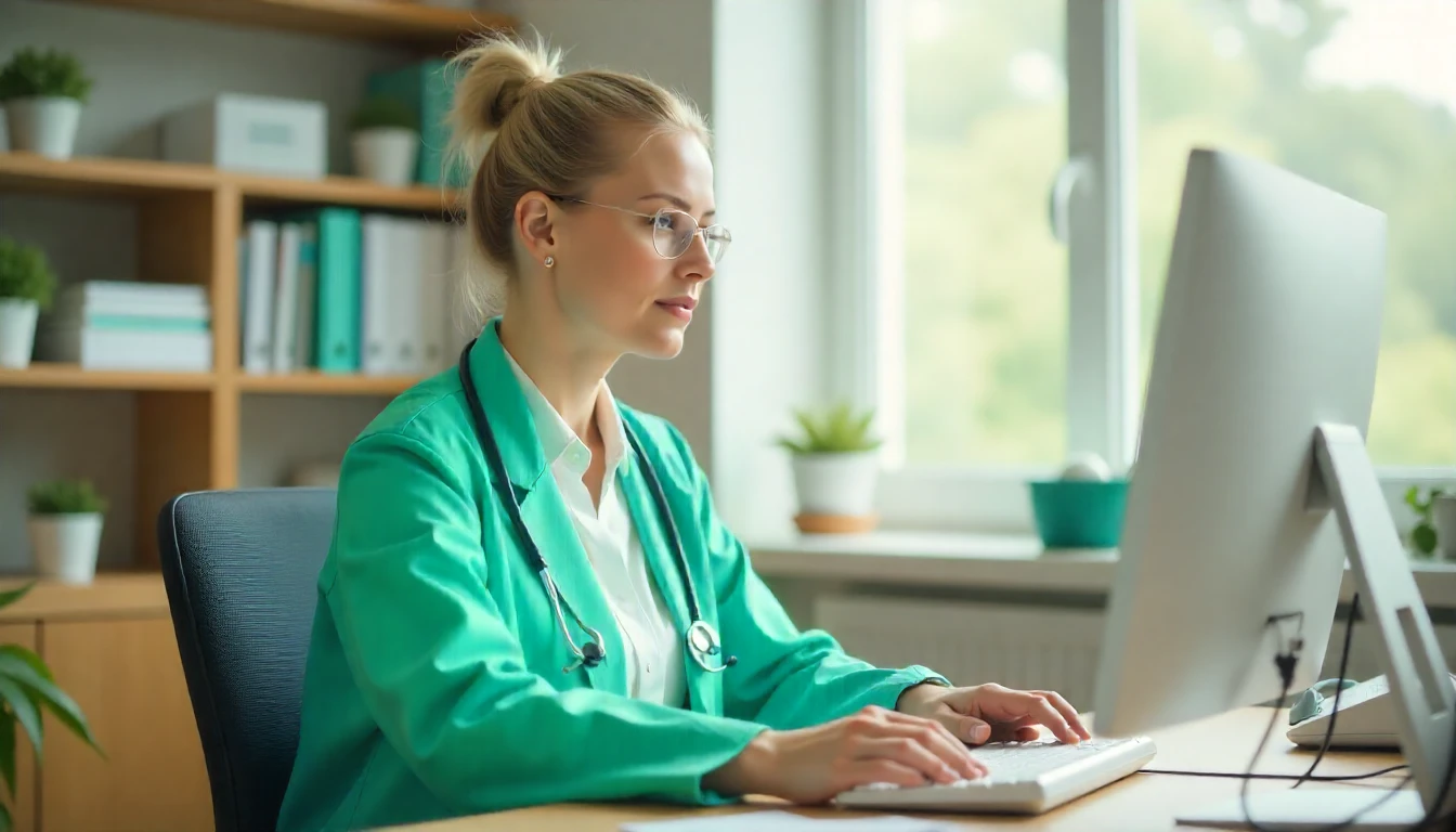 Profissional de saúde computador analysis para CID B20, especialista em doenças infecciosas, consultando informações clínicas em ambiente de escritório.