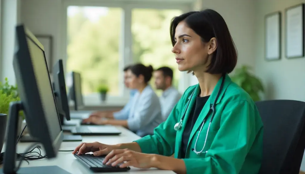 Profissional de saúde analisando informações clínicas sobre CID H28 Catarata em computador, com equipe médica trabalhando ao fundo em ambiente clínico bem iluminado.