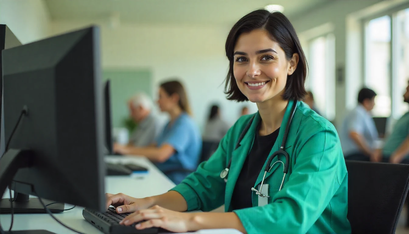 Profissional de saúde sorridente usando jaleco verde em ambiente hospitalar, promovendo bem-estar e cuidado com pacientes, relacionado à CID I84 – Hemorróidas.