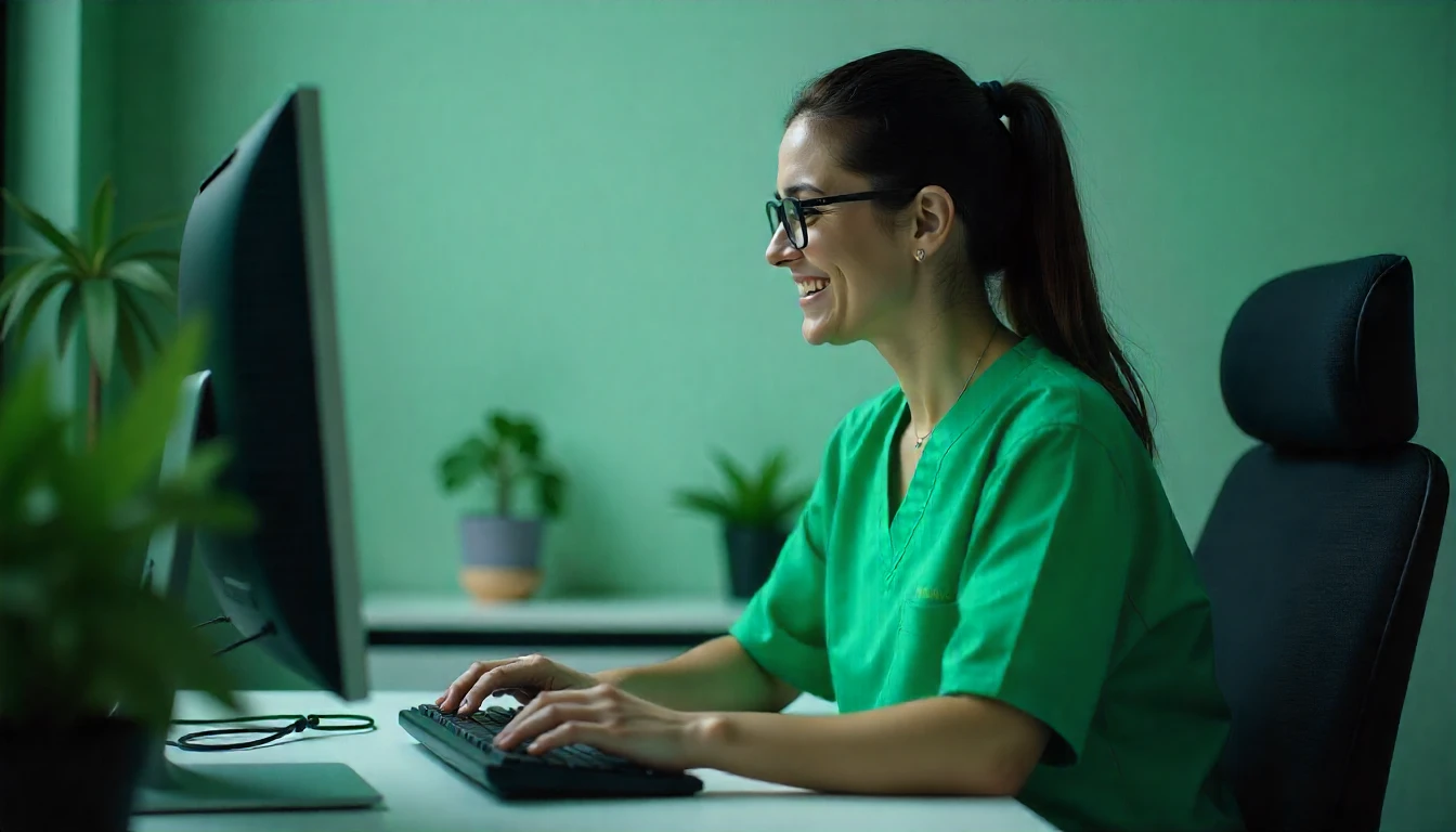 Profissional de saúde sorridente em escritório, usando jaleco verde, com planta ao fundo, promovendo cuidado e atenção ao paciente relacionado ao CID K08.