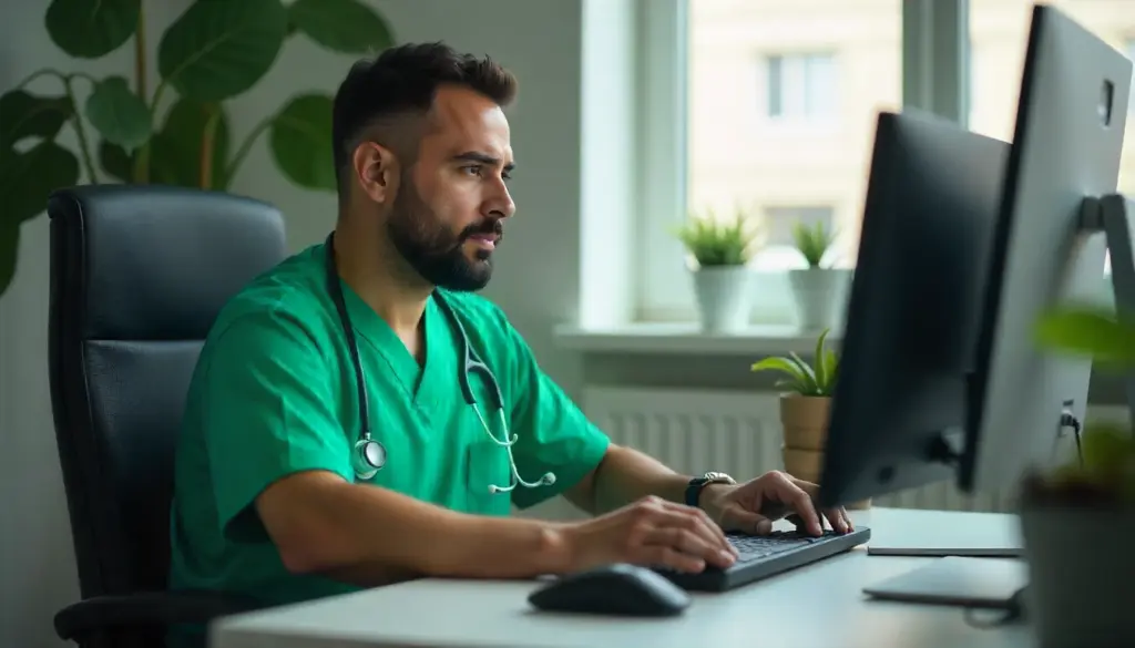 Profissional de saúde usando computador, associado ao código CID R32 para diagnóstico ou tratamento médico.