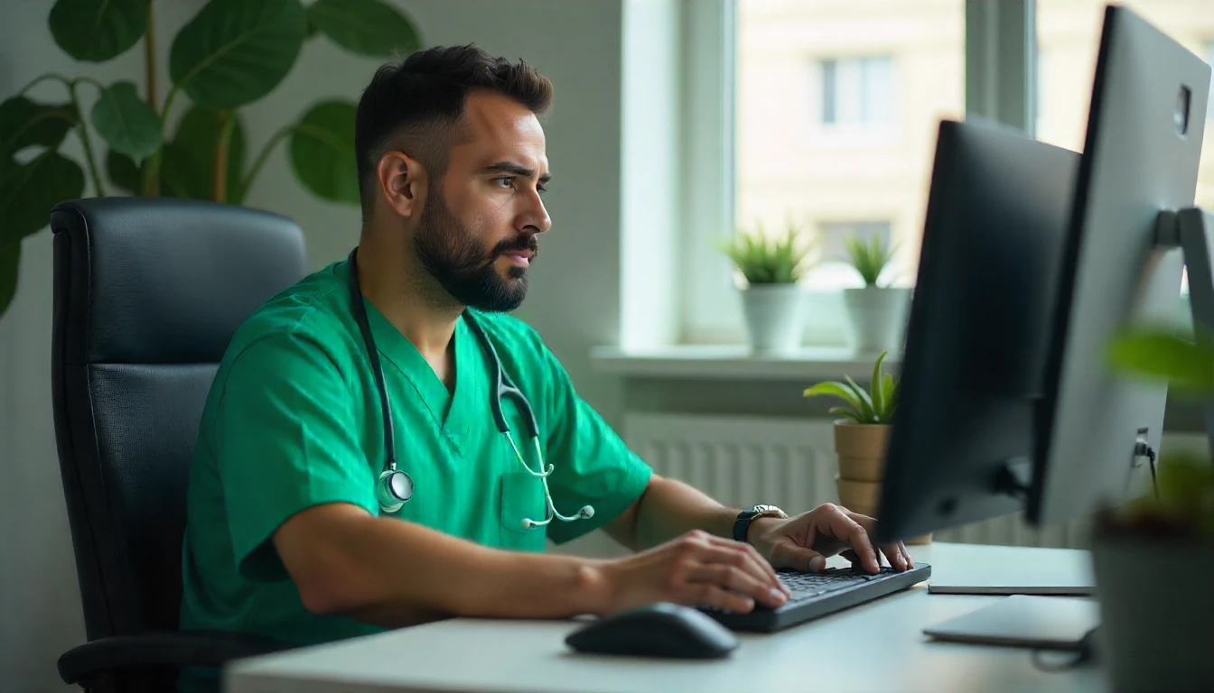 Profissional de saúde usando computador, associado ao código CID R32 para diagnóstico ou tratamento médico.