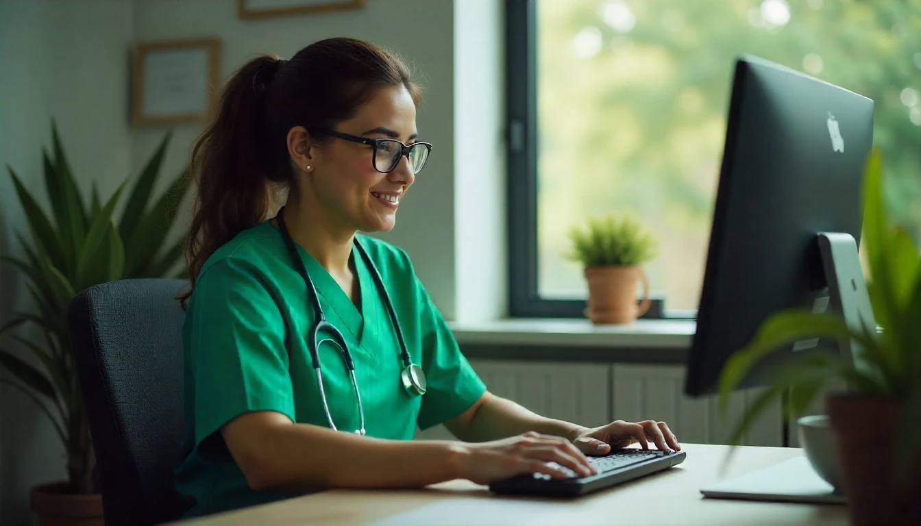 Enfermeira sorrindo enquanto trabalha no computador, representando cuidado médico e saúde, com atenção à classificação CID S83 relacionada a lesões.