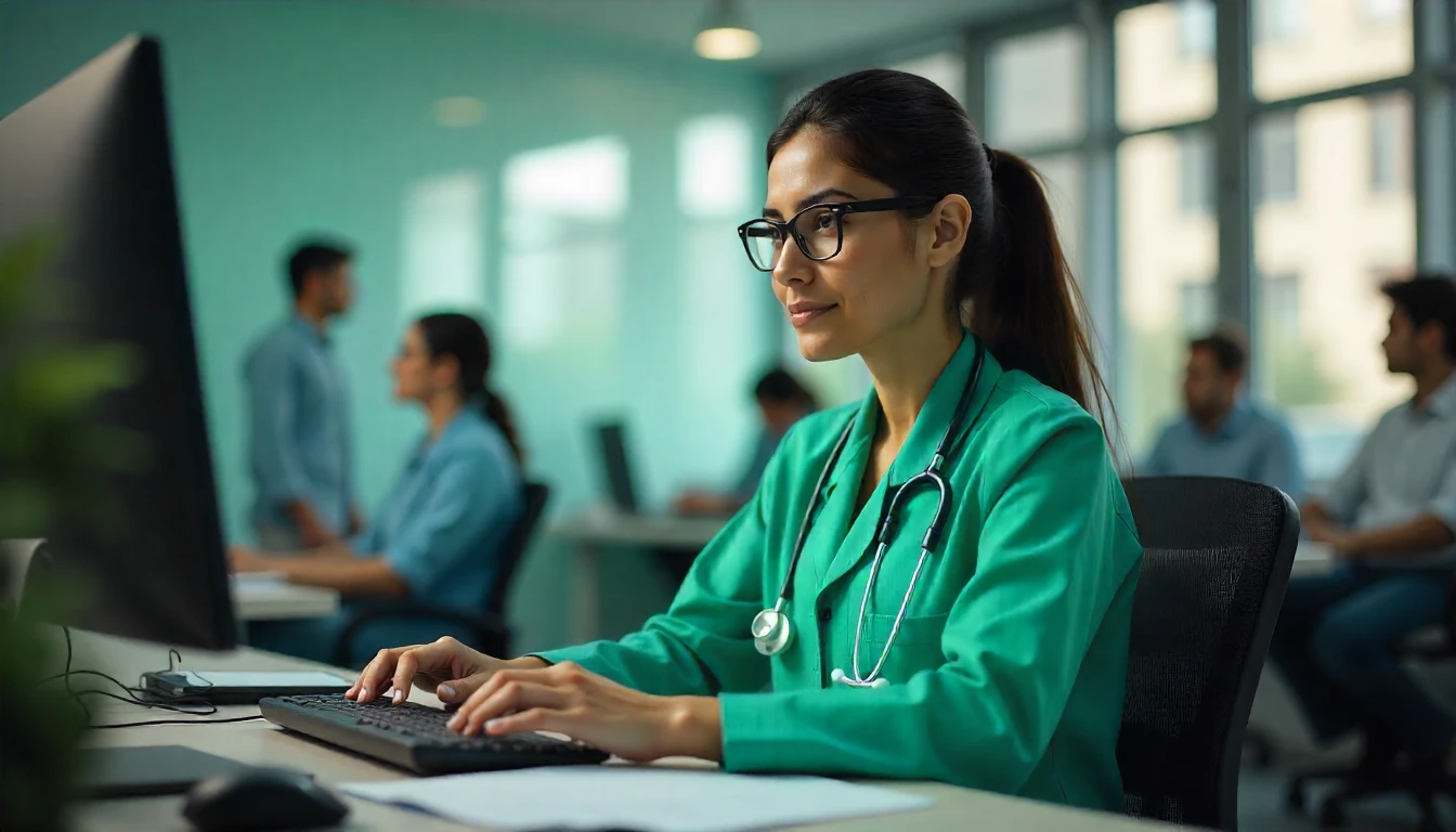 Profissional de saúde em ambiente de hospital ou clínica, representando cuidado e atenção médica, com foco na classificação CID J15 para infecções respiratórias.