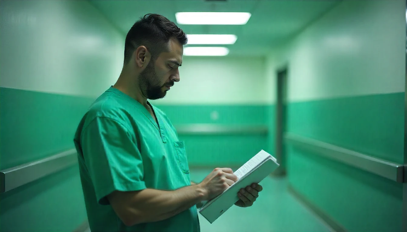 Profissional de saúde investigando informações em um hospital, preocupações relacionadas à CID G30 - Doença de Alzheimer.
