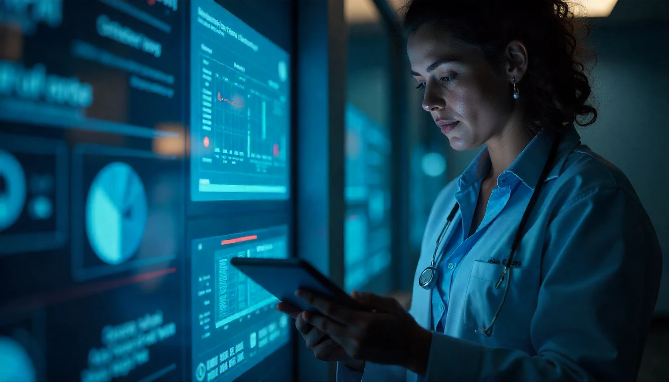Profissional de saúde analisando dados de proteção de dados na saúde em painel de controle digital, destacando a importância da LGPD na Saúde.