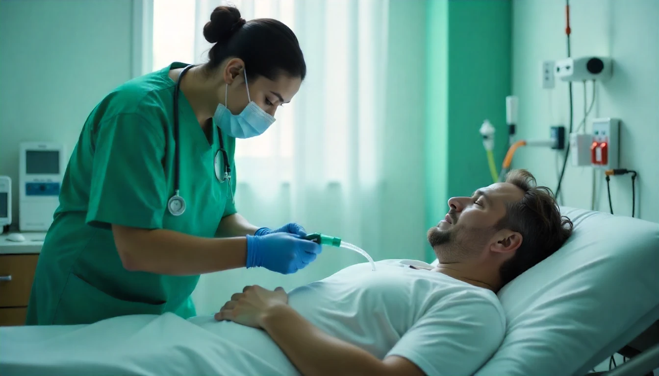 Profissional de saúde realizando tratamento de ozonioterapia em paciente deitado na cama de hospital.
