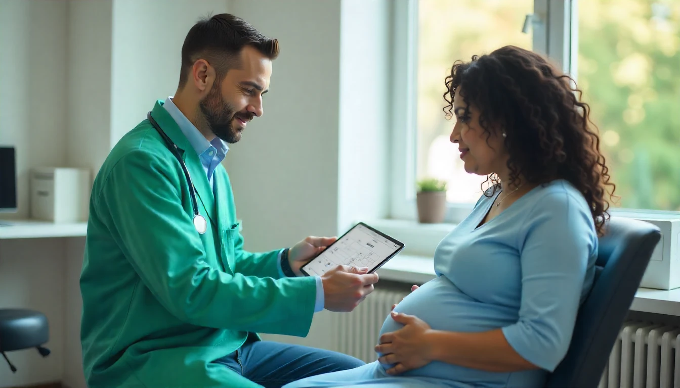 Médico mostrando tabela gestacional para mulher grávida em consultório