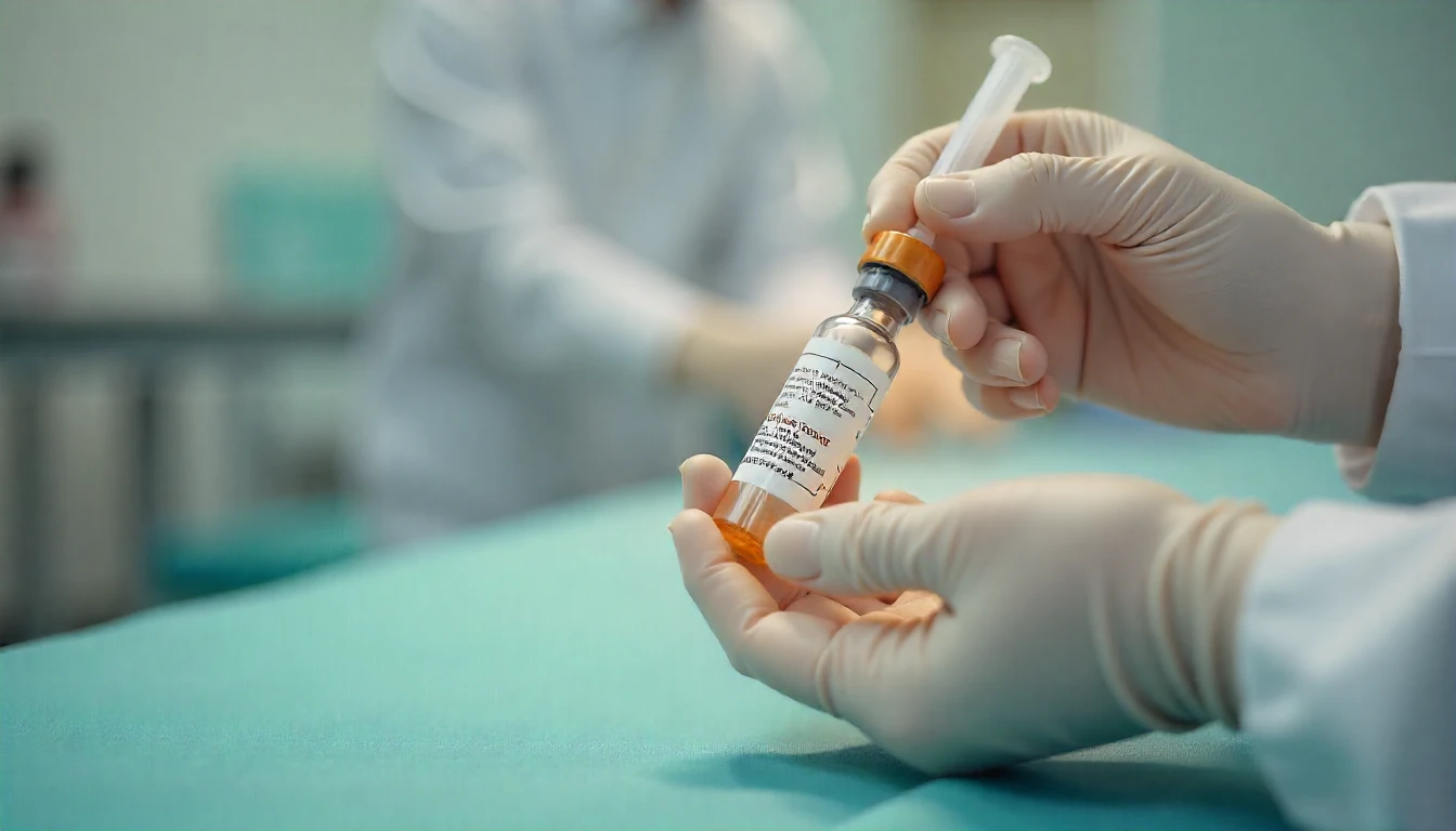 Profissional de saúde preparando uma dose de vacina relacionada ao vírus sincicial em ambiente hospitalar.