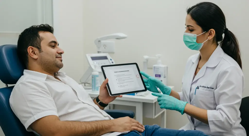 Paciente realizando assinatura digital em tablet na clínica, com profissional de saúde ao lado, ambiente de consultório bem iluminado, promovendo segurança e tecnologia em saúde.
