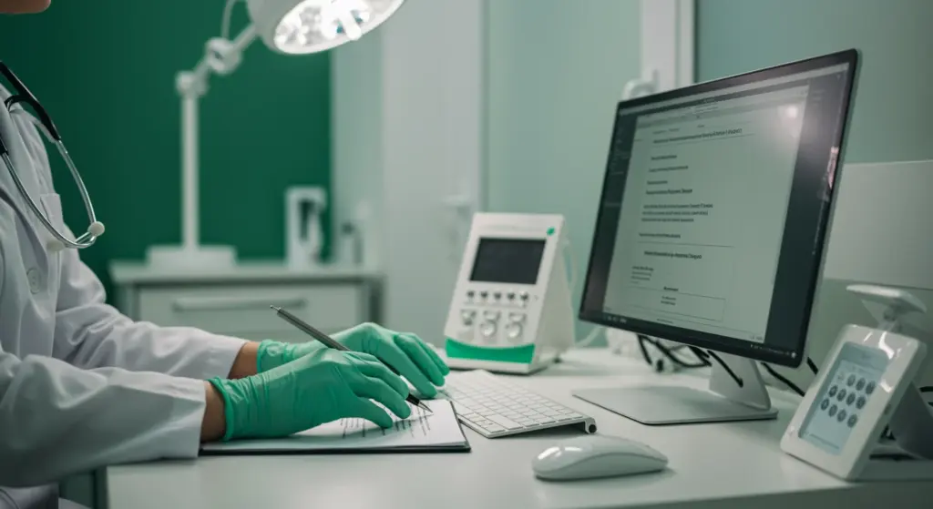 Profissional de saúde usando assinatura digital em computador para autenticar documentos médicos de forma segura e eficiente na clínica