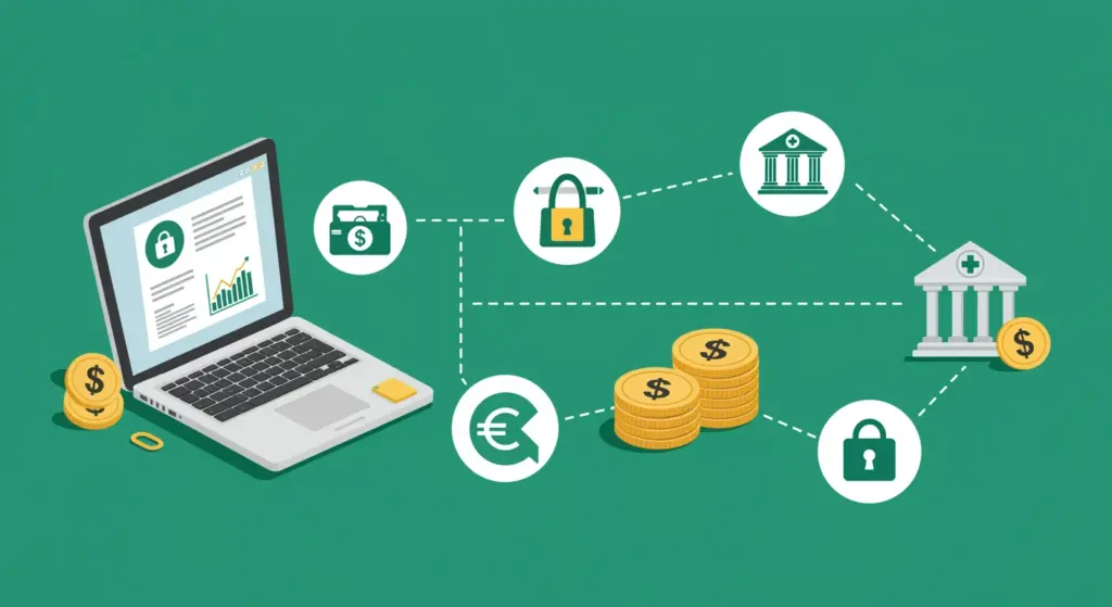 Ilustração de conciliação bancária com computador, moedas, ícones de bancos e segurança financeira, destacando o processo de controle e validação de transações bancárias.