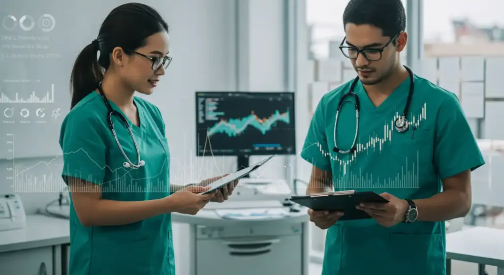 Profissionais de saúde analisando dados de conciliação bancária em um hospital moderno, com gráficos de finanças na tela do computador ao fundo.