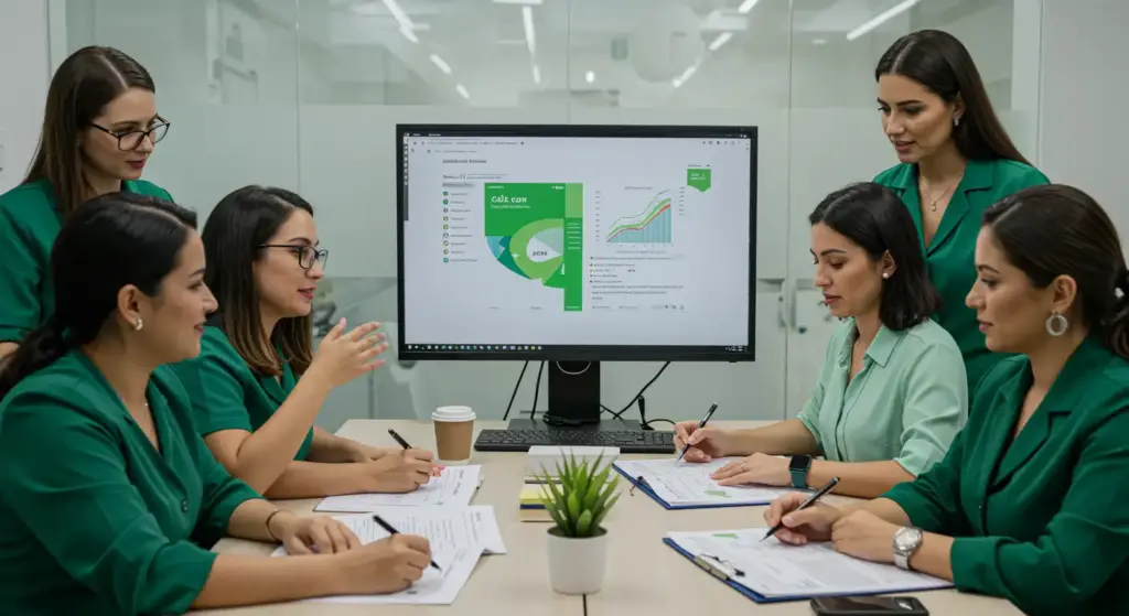 Profissionais de saúde analisando dados de conciliação bancária em um hospital moderno, com gráficos de finanças na tela do computador ao fundo.