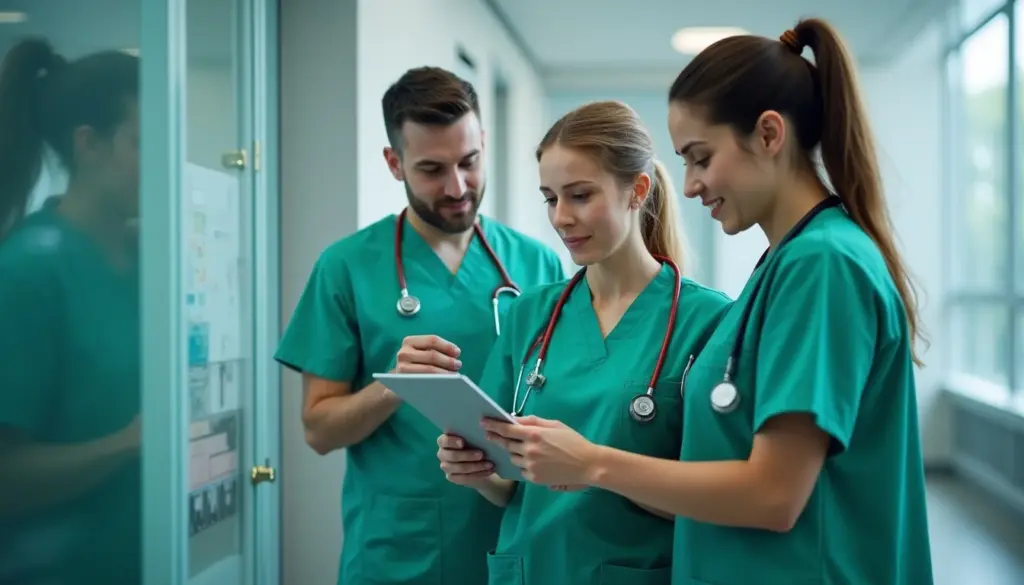 Equipe de profissionais de saúde em hospital analisando prontuário eletrônico do paciente em ambiente moderno e bem iluminado.