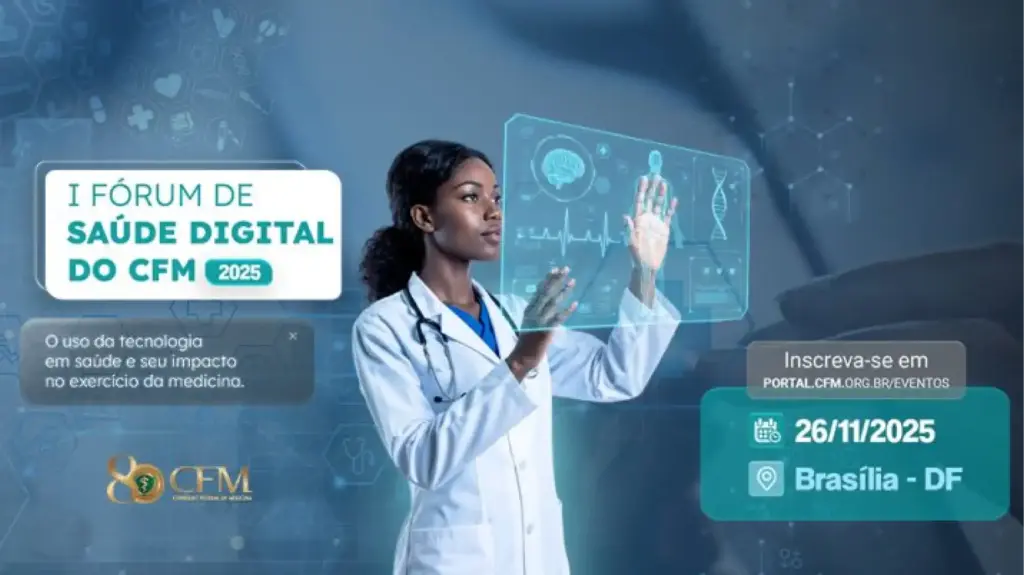 Imagem do Fórum de Saúde Digital do CFM de 2025, com uma médica interagindo com uma interface de tecnologia avançada em um evento realizado em Brasília, promovendo o uso de tecnologia e saúde digital.