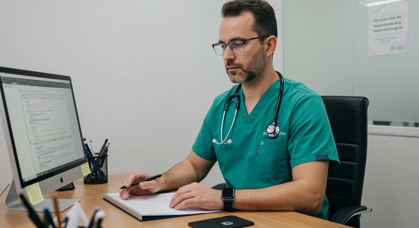 Médico profissional analisando informações em computador e anotando dados em seu caderno, com foco na classificação CID W01.