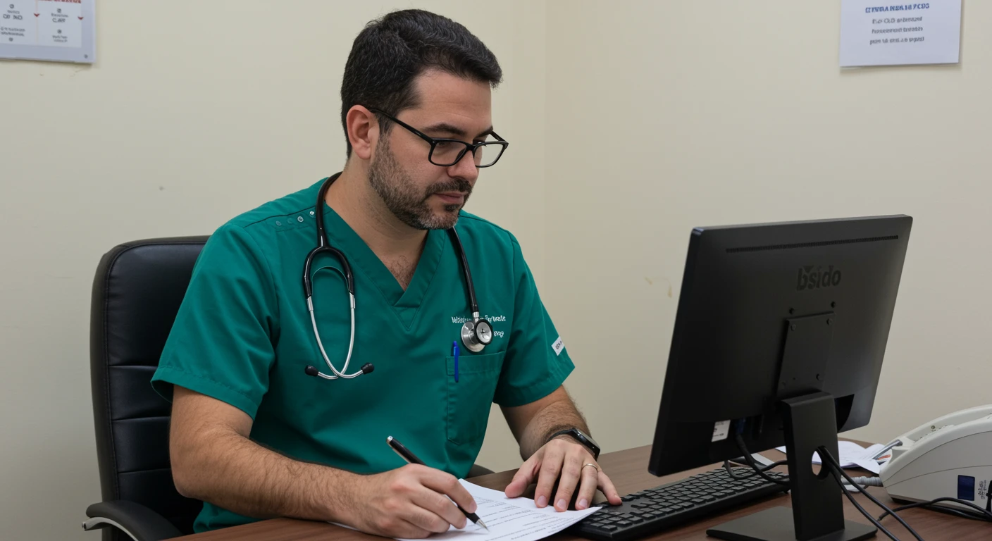 Médico dermatologista analisando prontuário em consulta sobre CID L23 - Dermatites alérgicas de contato, com computador e ambiente clínico ao fundo.