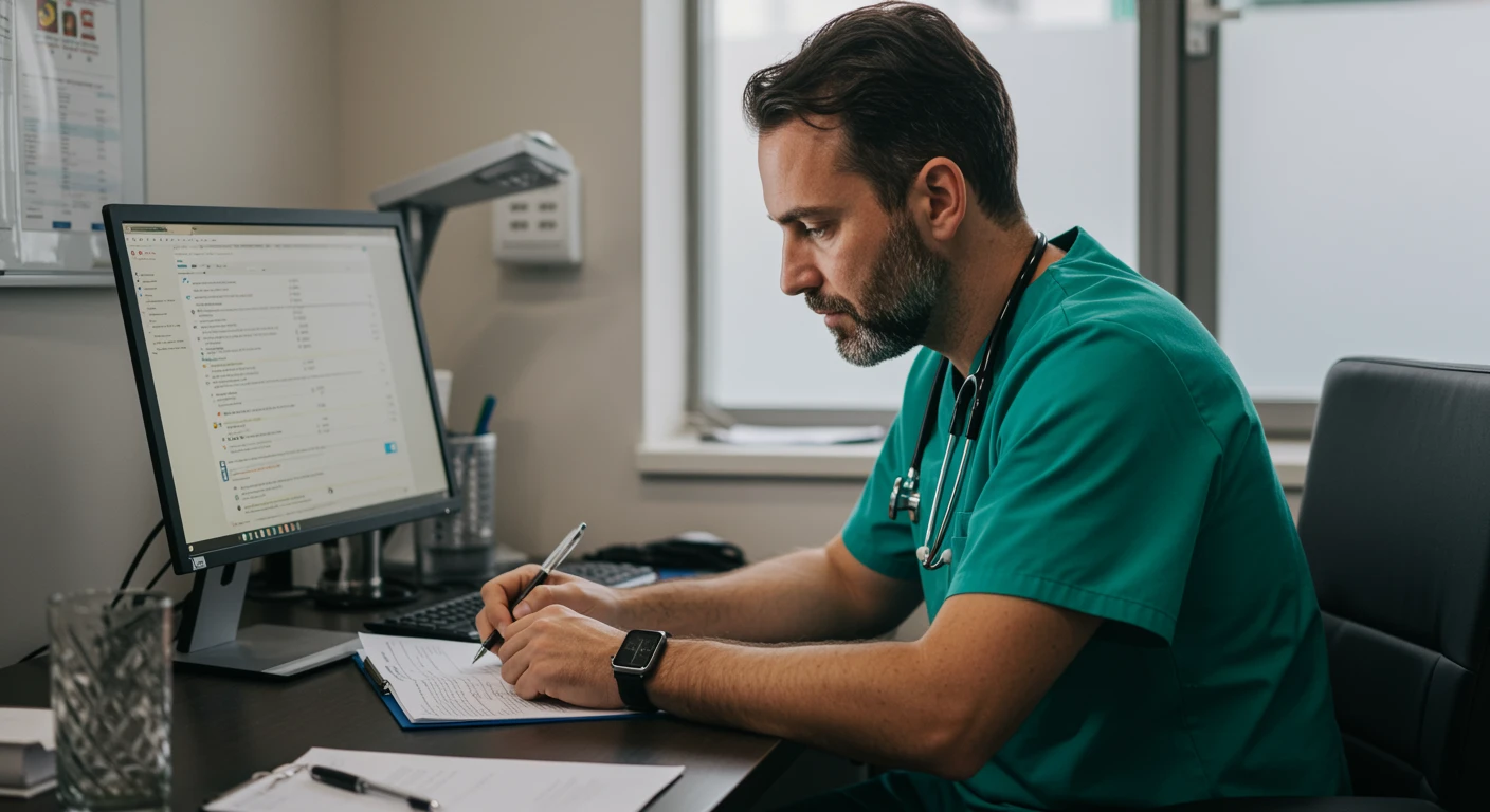 Médico oftalmologista analisando prontuário e dados em computador em consultório, relacionado aos Transtornos da íris e do corpo ciliar, código CID H22.