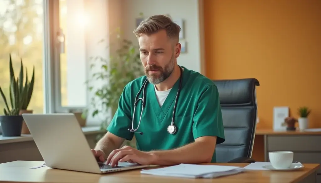 Médico analisando prontuário eletrônico do paciente em ambiente clínico, utilizando computador portátil, com foco na tecnologia na saúde.