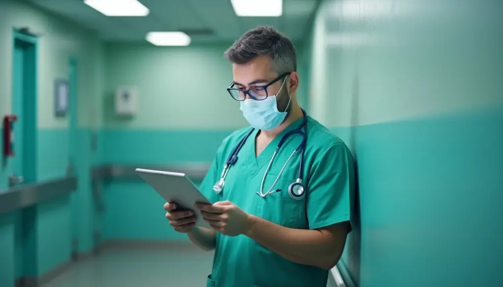 Médico utilizando um tablet para acessar prontuário eletrônico do paciente em corredor de hospital.