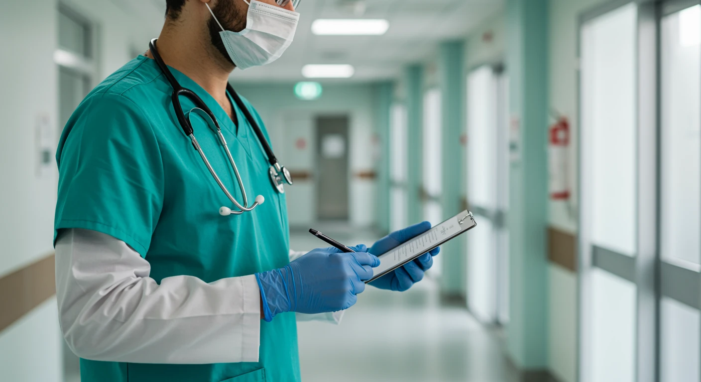 Profissional de saúde em hospital, usando máscara e luvas, analisando prontuário, relacionado à CID S72 – Fratura do fêmur, símbolo de cuidado ortopédico.