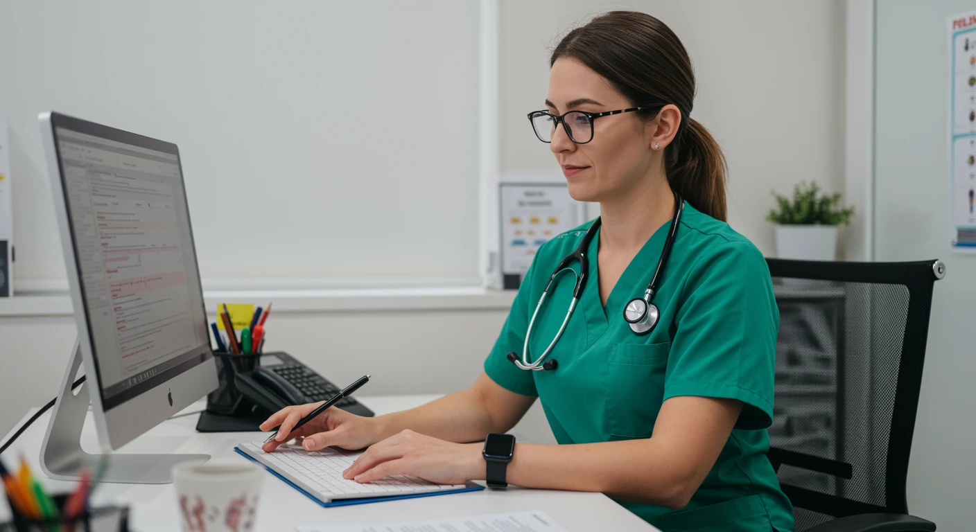 Profissional de saúde em consultório médico, com estetoscópio e computador, explicando informações sobre CID N80 - Endometriose para pacientes.
