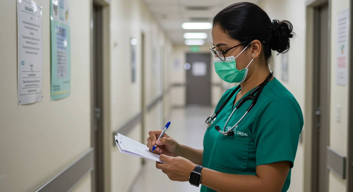 Profissional de saúde anotando informações no hospital enquanto usa máscara facial, relacionada ao CID I49 para condições cardíacas