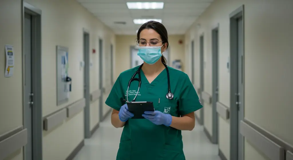 Profissional de saúde no hospital, vestindo máscara e luvas, realizando anotações ou verificações relacionadas à CID M06 - Outras artrites reumatoides.