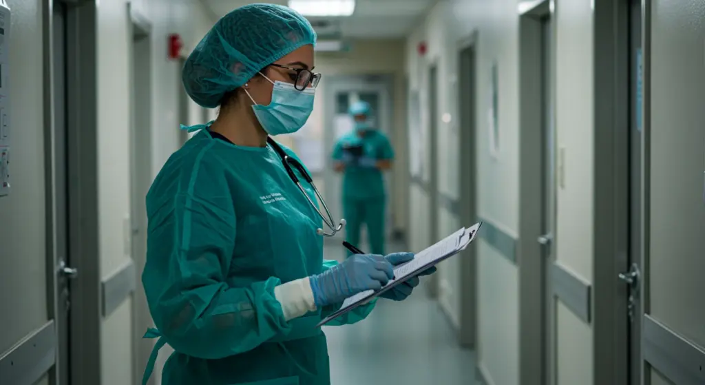 Profissional de saúde em hospital revisando prontuários, simbolizando atenção médica para CID R11 - Náusea e vômitos.