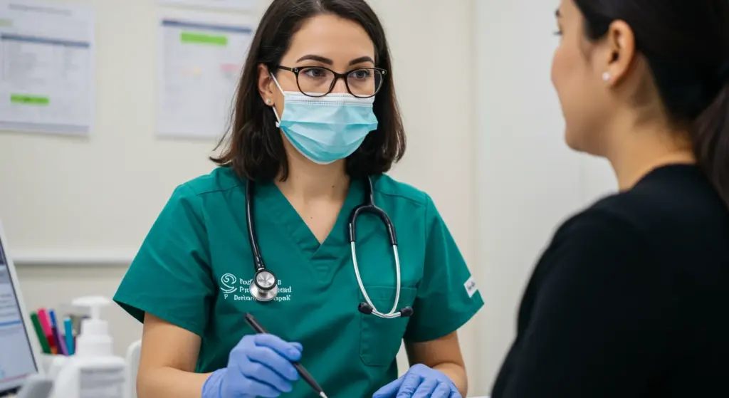 Profissional de saúde conversando com paciente, representando cuidado médico para transtorno misto ansioso e depressivo (CID F41.2), em ambiente clínico.