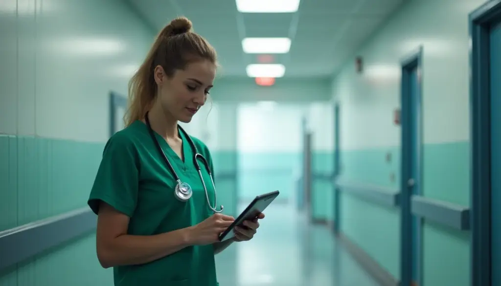 Profissional de saúde utilizando tablet para acessar prontuário eletrônico do paciente no hospital, promovendo eficiência no atendimento.