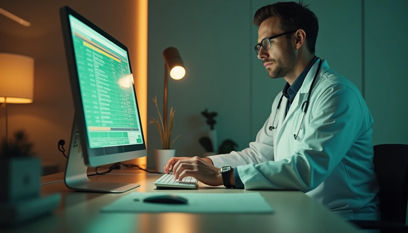 Médico especializadamente analisando prontuário eletrônico do paciente em computador, com foco na tela e ambiente de trabalho moderno.