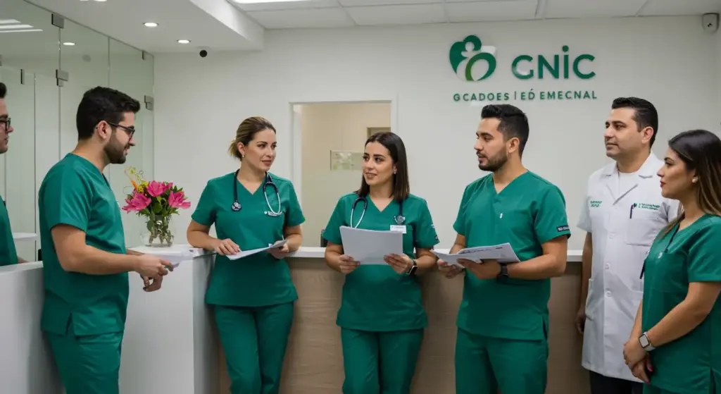 Equipe de profissionais de saúde em recepção de clínica eficiente, demonstrando organização e atendimento de qualidade na recepção de clínica médica.