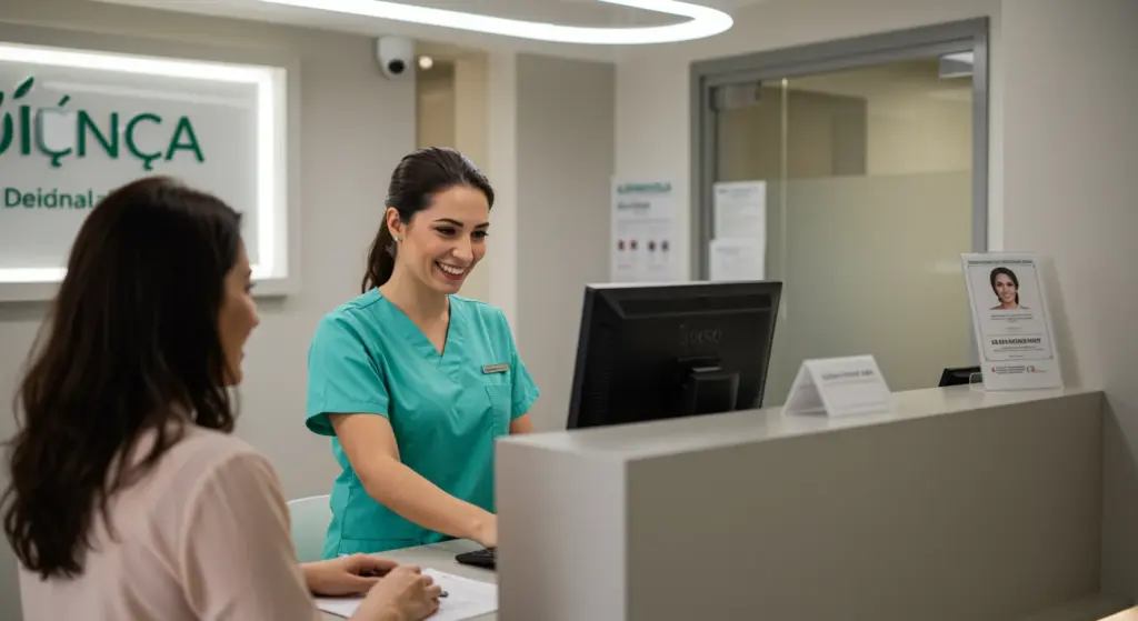 Atendimento eficiente na recepção de clínica com funcionária sorridente atendendo paciente ao balcão