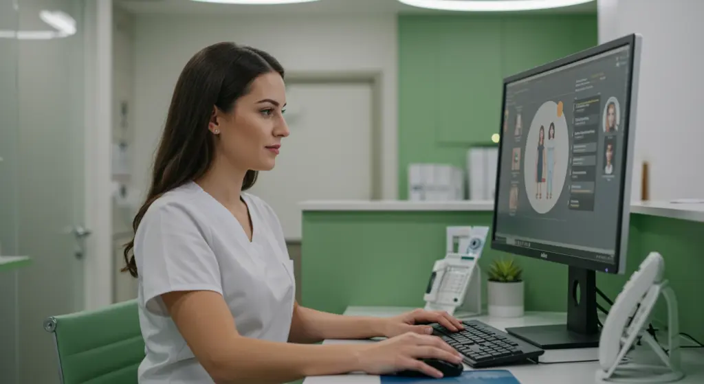 Profissional de recepção de clínica eficiente atendendo pacientes com tecnologia moderna e equipe organizada em ambiente hospitalar.